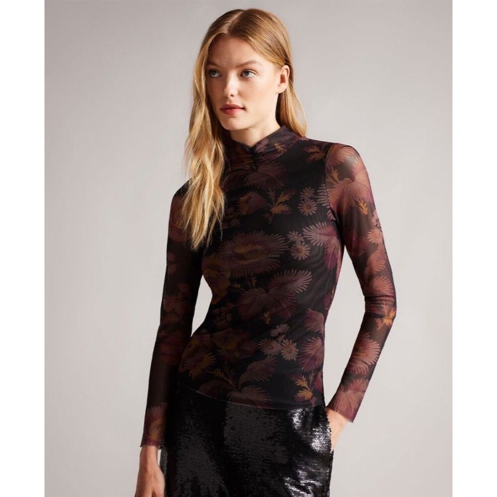 Ted Baker London Lemonay High Neck Long Sleeve Floral Mesh Top size US 4